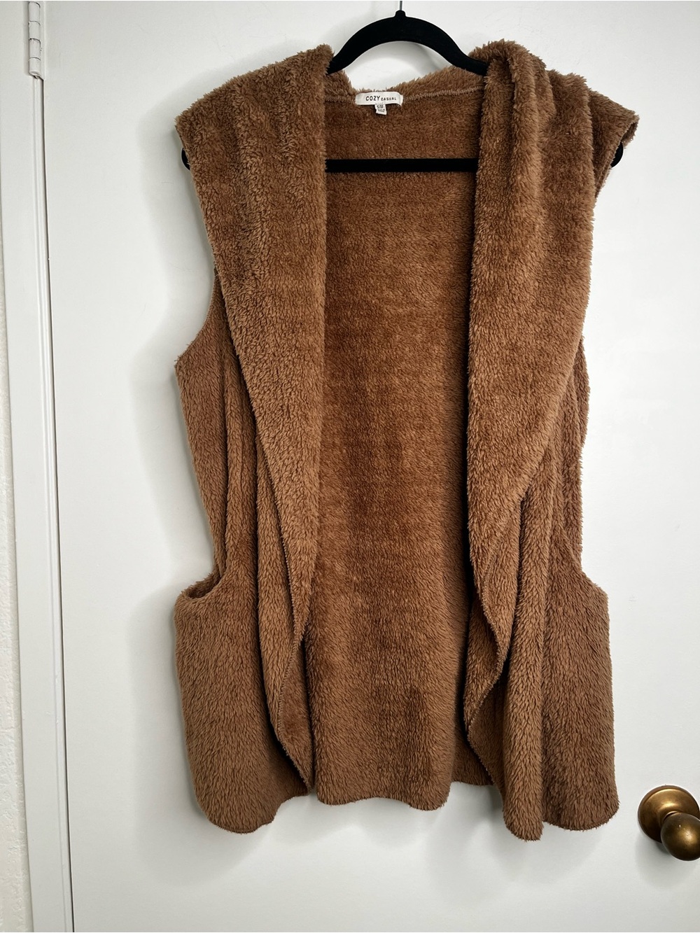 Cozy Casual Brown Hooded Faux-Fur Open Front Cardigan Vest S/M Cabincore Fall